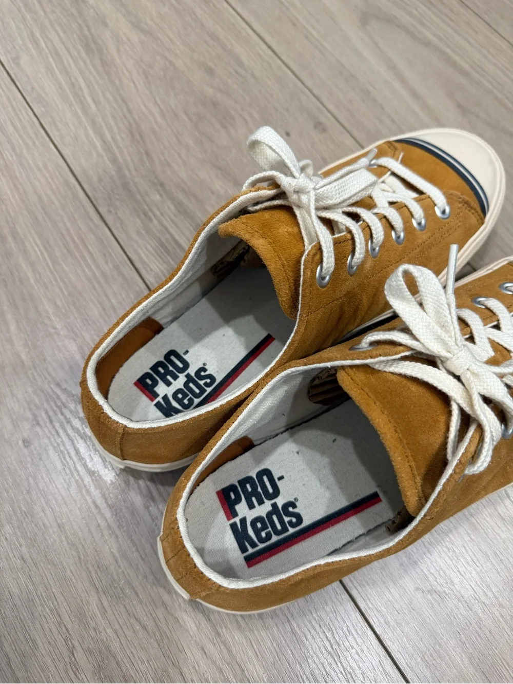 Low-Top Pro Keds 69 Suede Sneakers in Mustard Brown with cream Trim